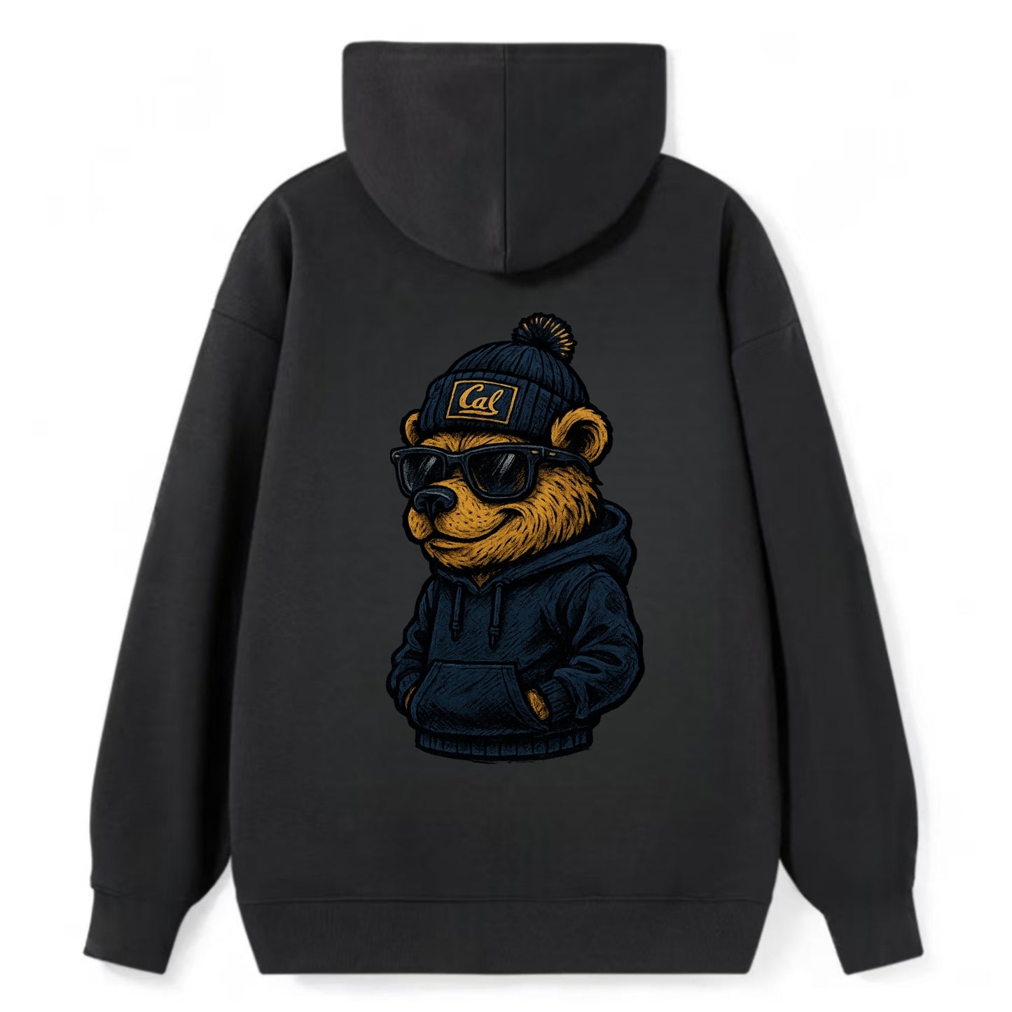 Berkeley Bear wearing Cal beanie with script patch - Classic Pullover Hoodie - Black