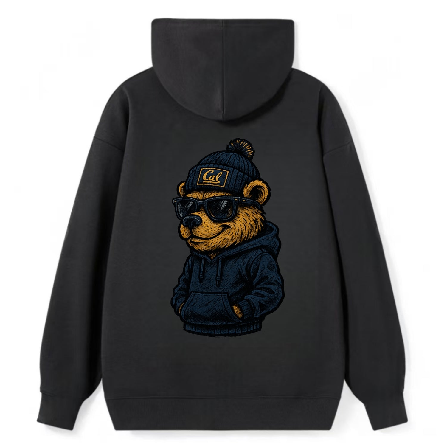 Berkeley Bear wearing Cal beanie with script patch - Classic Pullover Hoodie - Black
