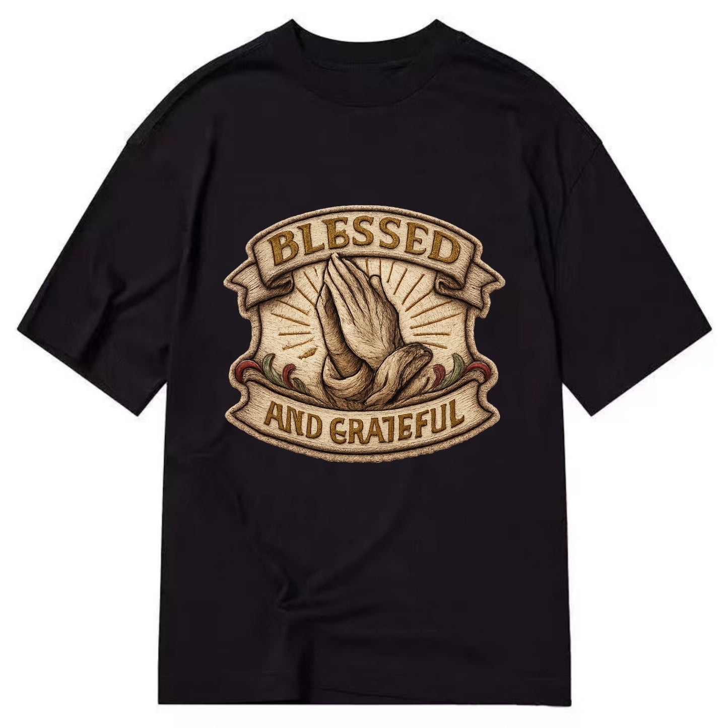 BLESSED AND GRATEFUL - praying hands with text in gold , thankful - Classic T-shirt - Black