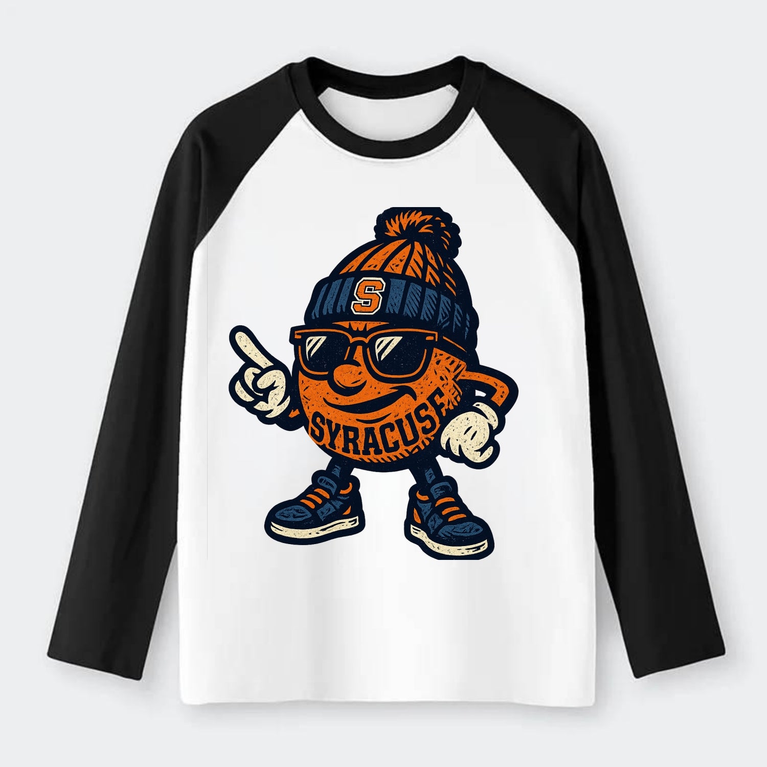 Syracuse Orange wearing Syracuse beanie with S patch - Raglan Long Sleeve T-Shirt - Black