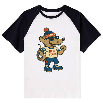 New York Rat wearing Giants beanie with subway patch and wayfarer - Contrast Raglan T-shirt - Black
