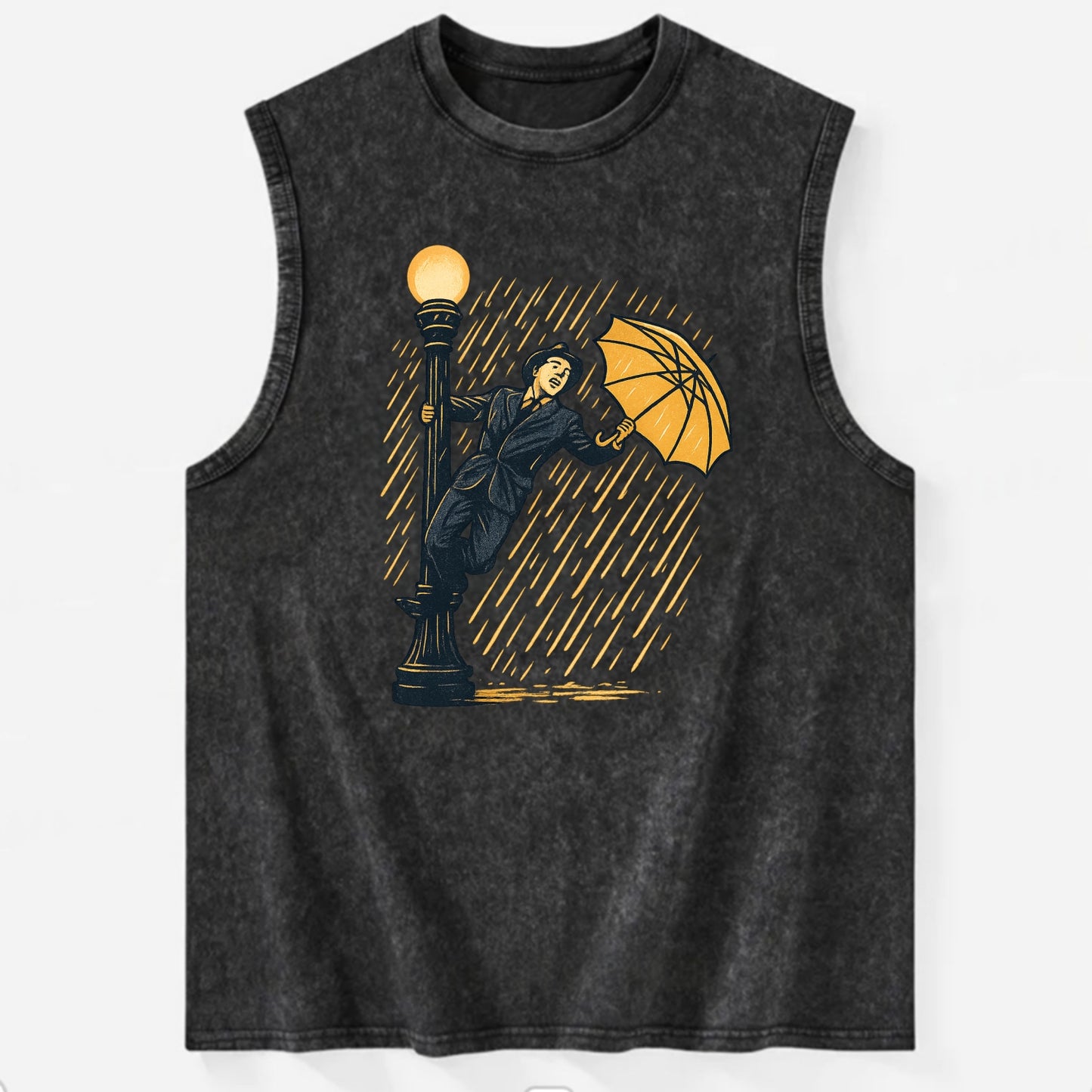 joyful dancing on lamppost in heavy rain with big smile - Vintage Washed Tank - Black