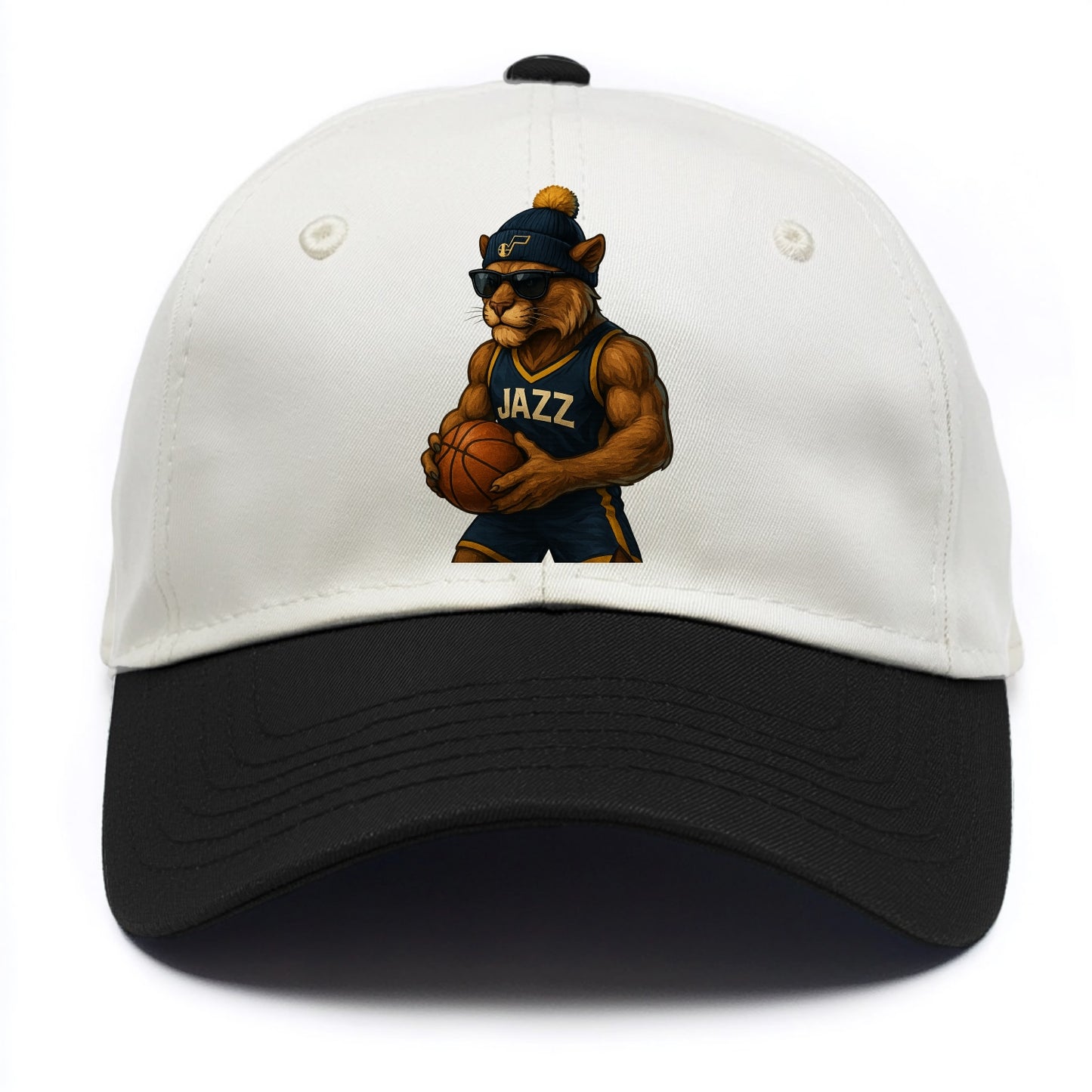 Utah Mountain Lion wearing Jazz navy and yellow beanie with music note and wayfarer - Two Tone Cap - Black