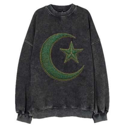 Crescent Moon and Star - Vintage Sweatshirt - Black