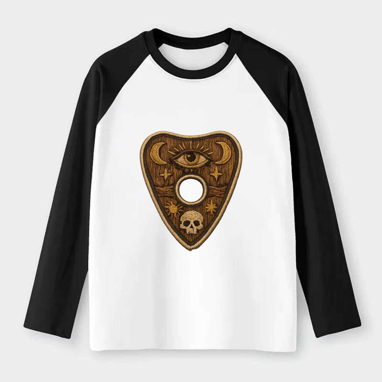 OUIJA PLANCHETTE - spirit board pointer in wood and gold , seance - Raglan Long Sleeve T-Shirt - Black