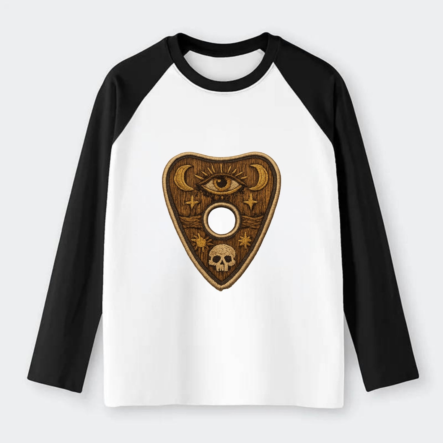 OUIJA PLANCHETTE - spirit board pointer in wood and gold , seance - Raglan Long Sleeve T-Shirt - Black