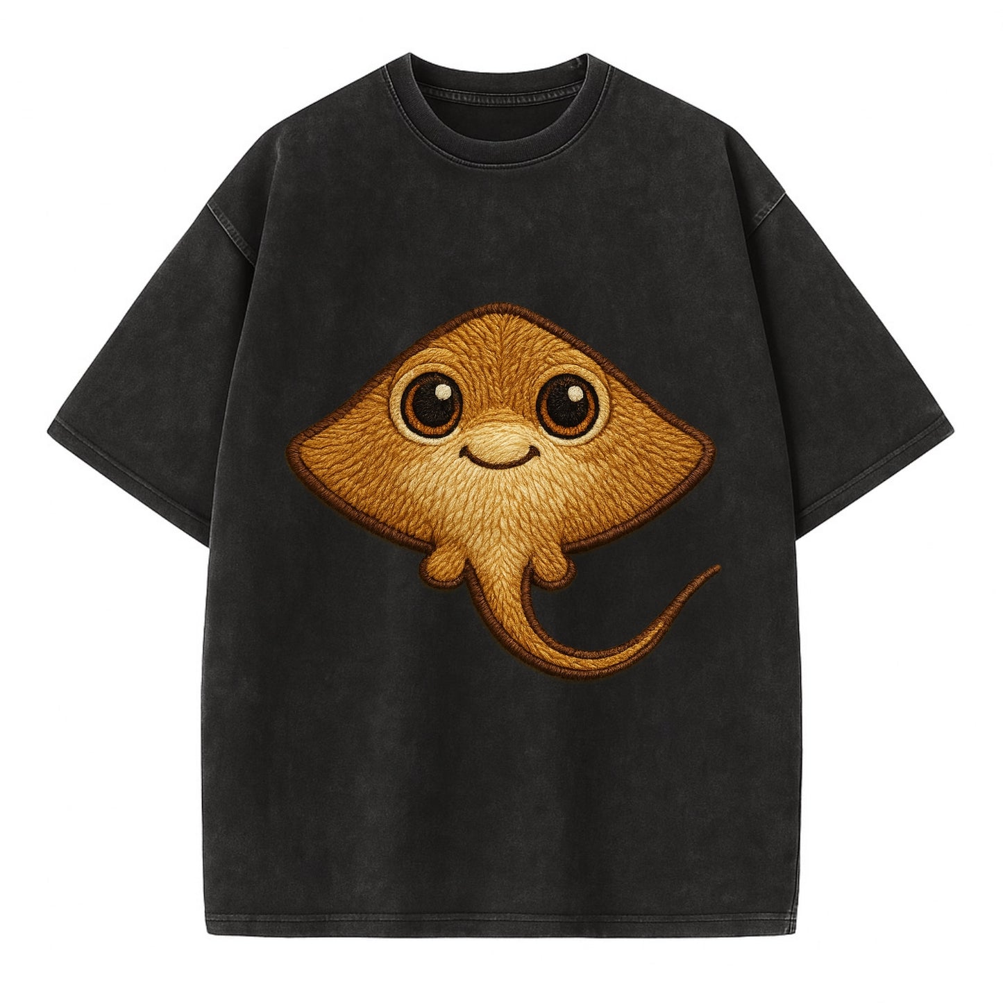 Baby Stingray - flat body, long tail, eyes on top, front-facing, friendly - Vintage T-shirt - Black