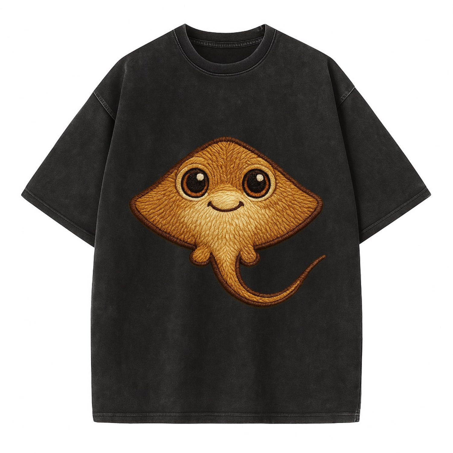Baby Stingray - flat body, long tail, eyes on top, front-facing, friendly - Vintage T-shirt - Black