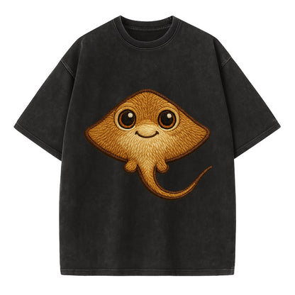 Baby Stingray - flat body, long tail, eyes on top, front-facing, friendly - Vintage T-shirt - Black
