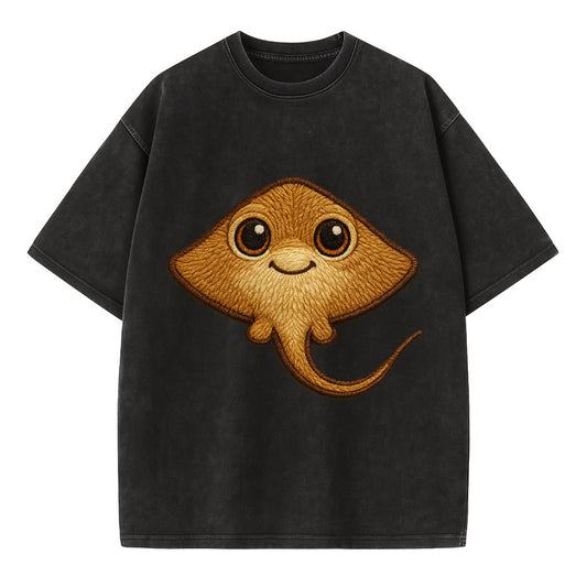 Baby Stingray - flat body, long tail, eyes on top, front-facing, friendly - Vintage T-shirt - Black