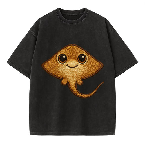 Baby Stingray - flat body, long tail, eyes on top, front-facing, friendly - Vintage T-shirt