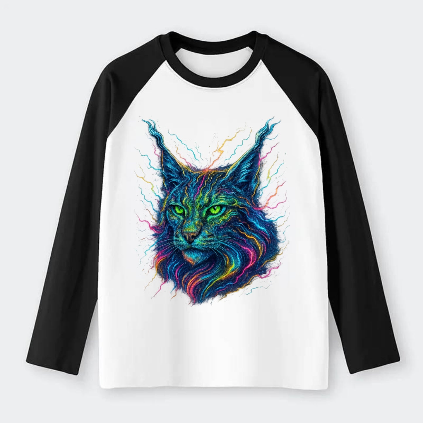 Wild lynx with ear tufts transforming into liquid mercury flows, - Raglan Long Sleeve T-Shirt - Black
