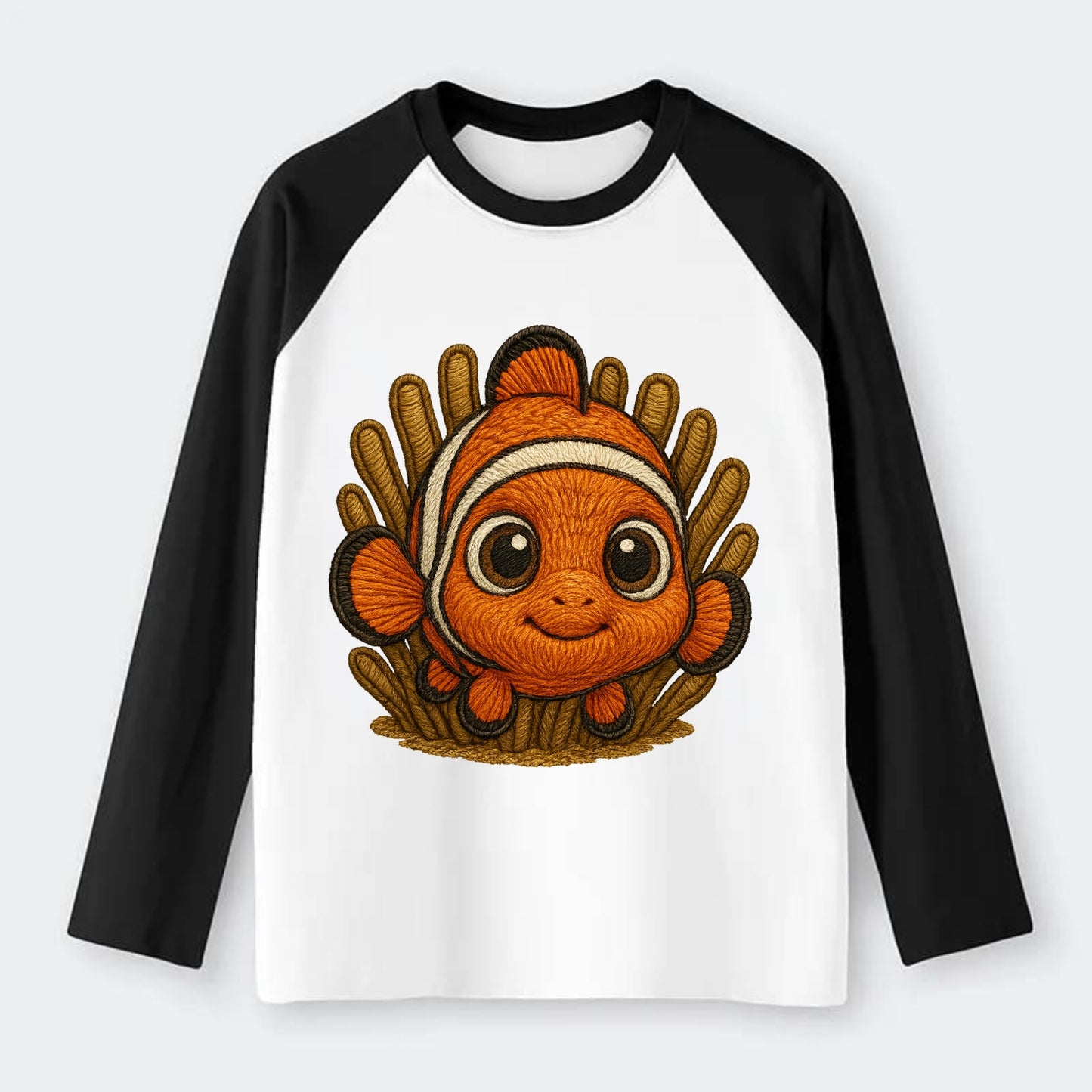 Baby Clownfish - orange with white stripes, big round eyes, - Raglan Long Sleeve T-Shirt - Black