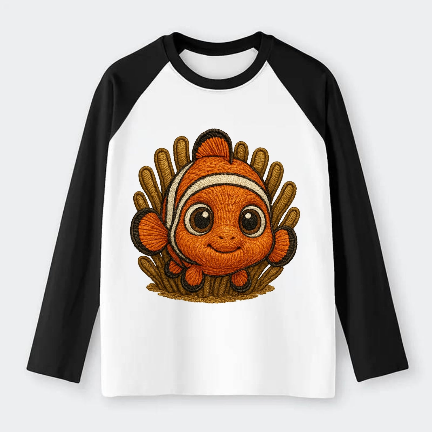 Baby Clownfish - orange with white stripes, big round eyes, - Raglan Long Sleeve T-Shirt - Black