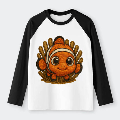 Baby Clownfish - orange with white stripes, big round eyes, - Raglan Long Sleeve T-Shirt - Black