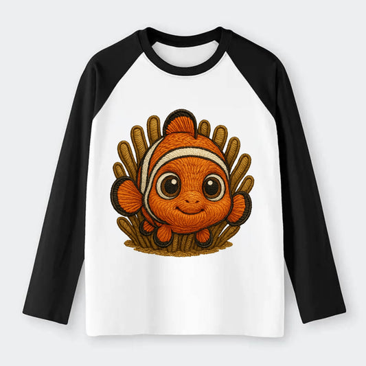 Baby Clownfish - orange with white stripes, big round eyes, - Raglan Long Sleeve T-Shirt - Black