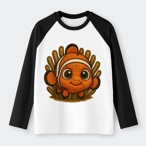 Baby Clownfish - orange with white stripes, big round eyes, - Raglan Long Sleeve T-Shirt