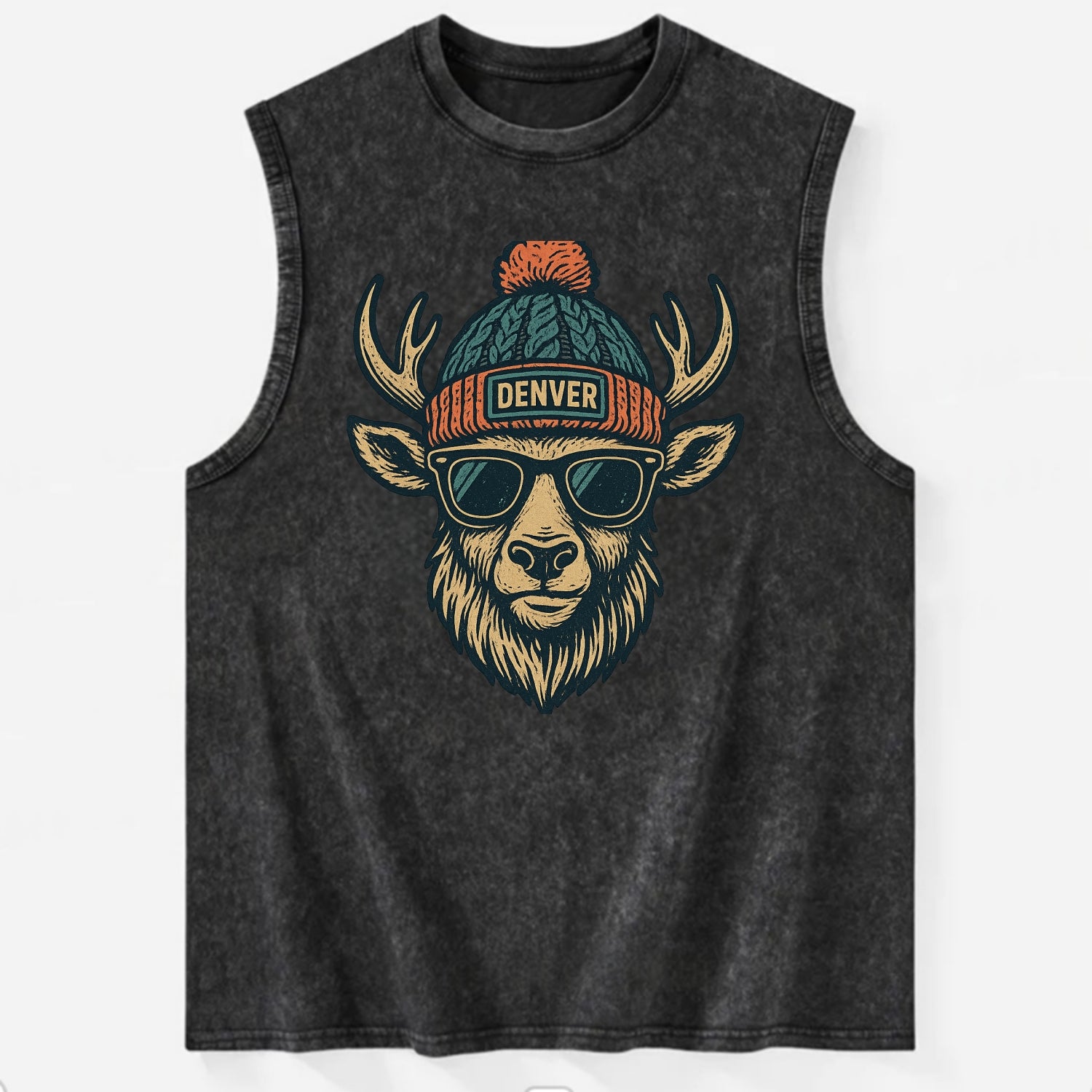 Denver Elk wearing Denver beanie with pom pom and wayfarer sunglasses - Vintage Washed Tank - Black