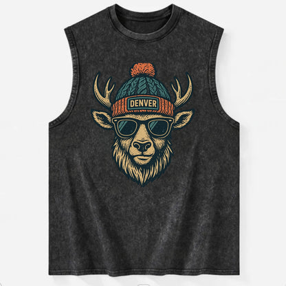 Denver Elk wearing Denver beanie with pom pom and wayfarer sunglasses - Vintage Washed Tank - Black