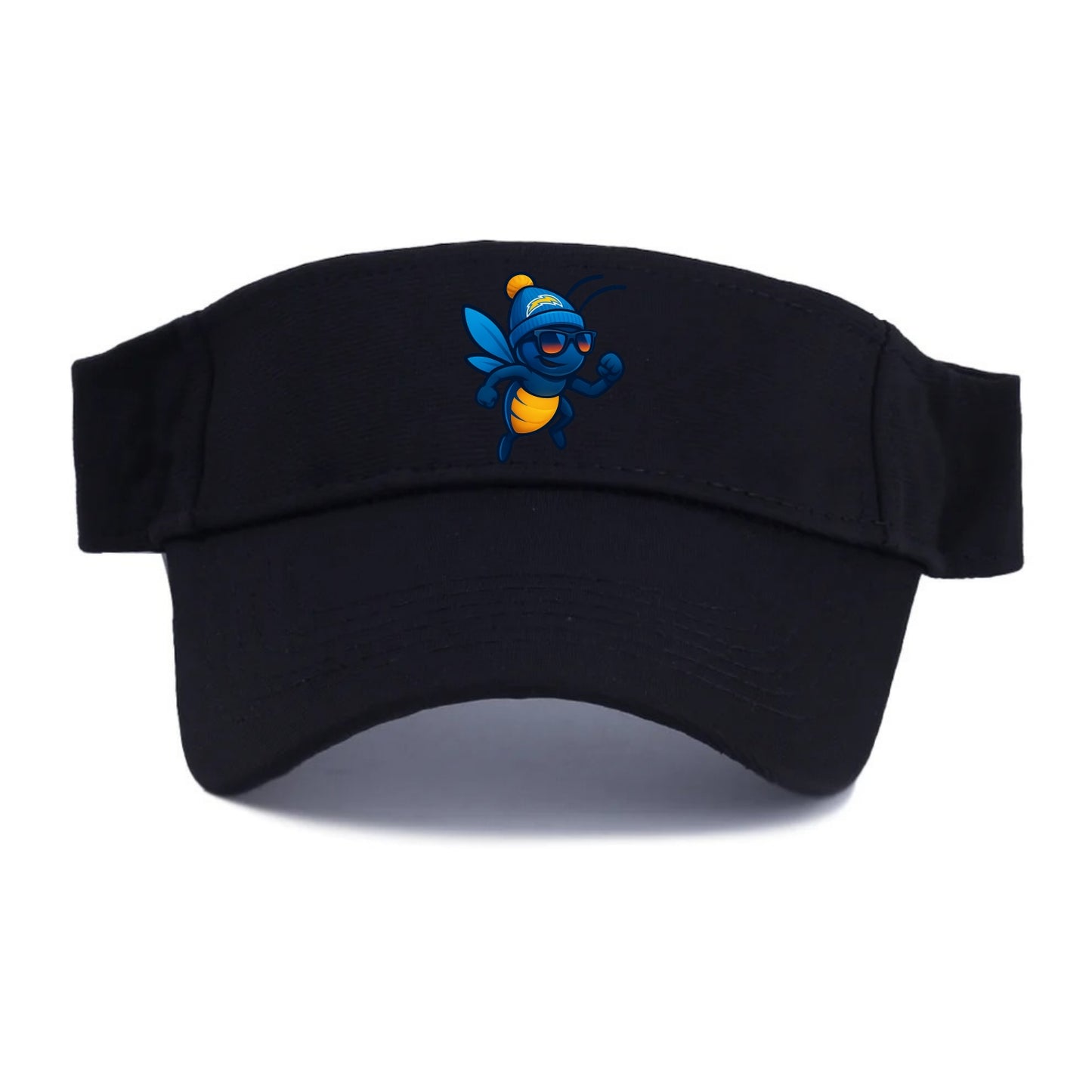LA Lightning Bug wearing Chargers powder blue and gold beanie with pom pom and wayfarer - Visor - Black
