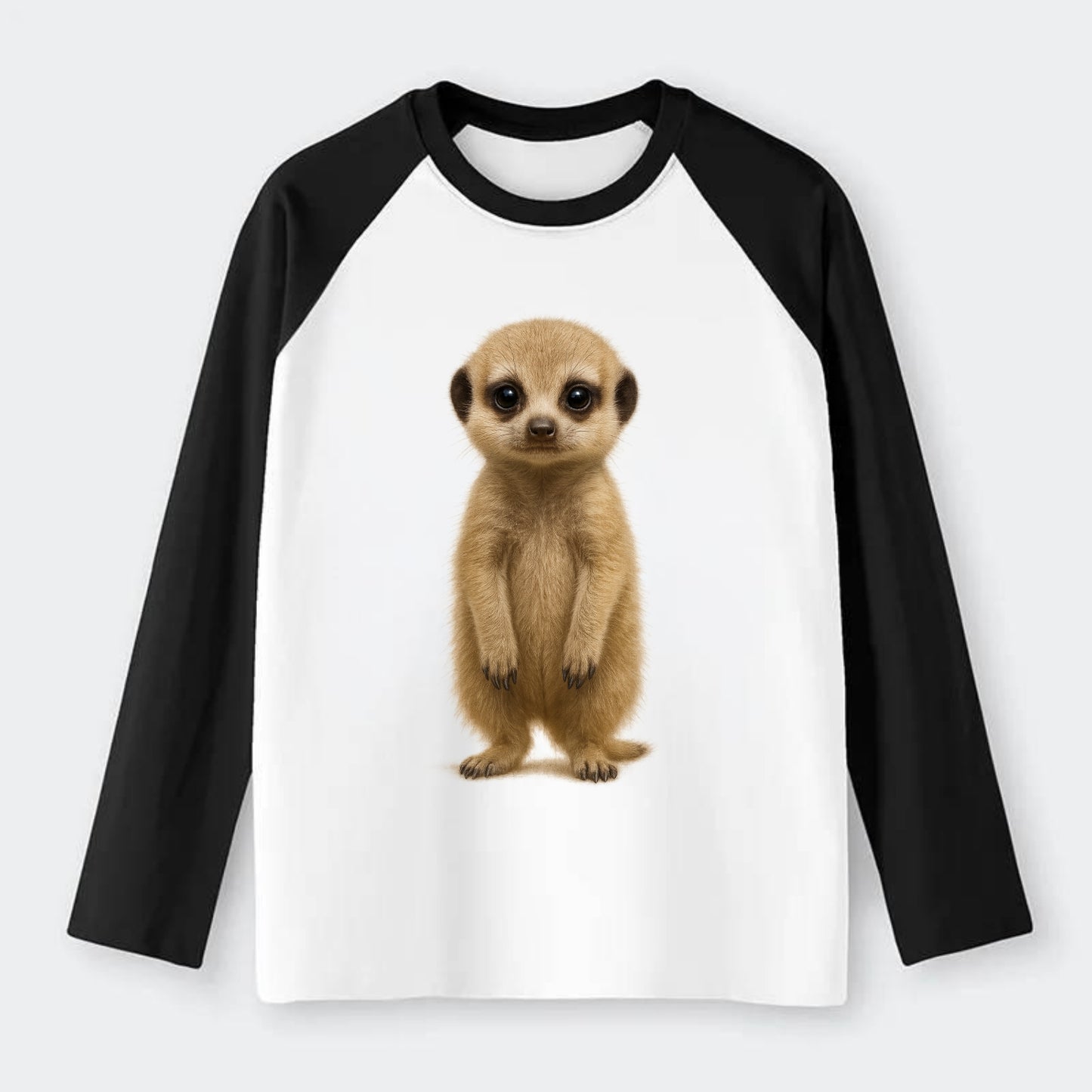 Baby Meerkat - tan fur, dark eye patches, alert stance, bright eyes, - Raglan Long Sleeve T-Shirt - Black