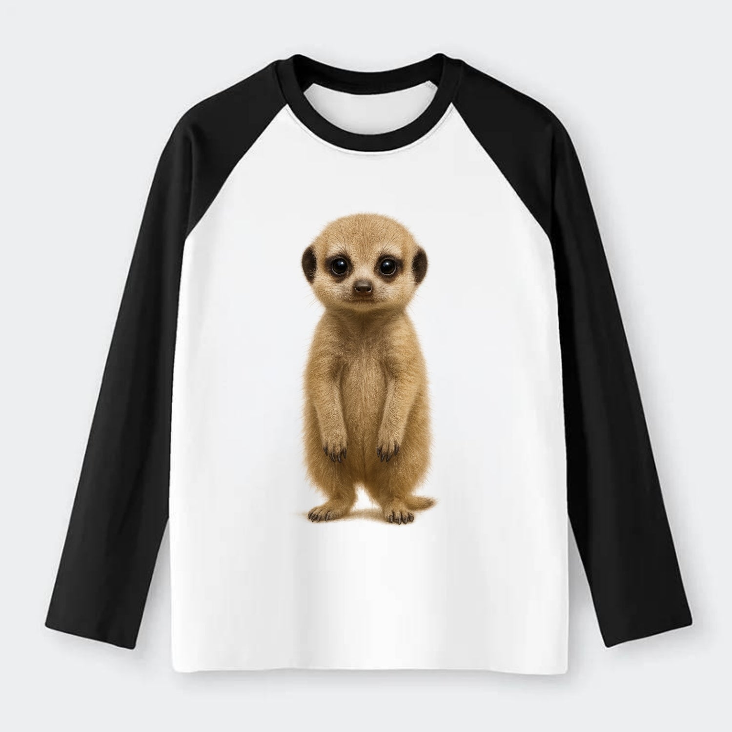 Baby Meerkat - tan fur, dark eye patches, alert stance, bright eyes, - Raglan Long Sleeve T-Shirt - Black