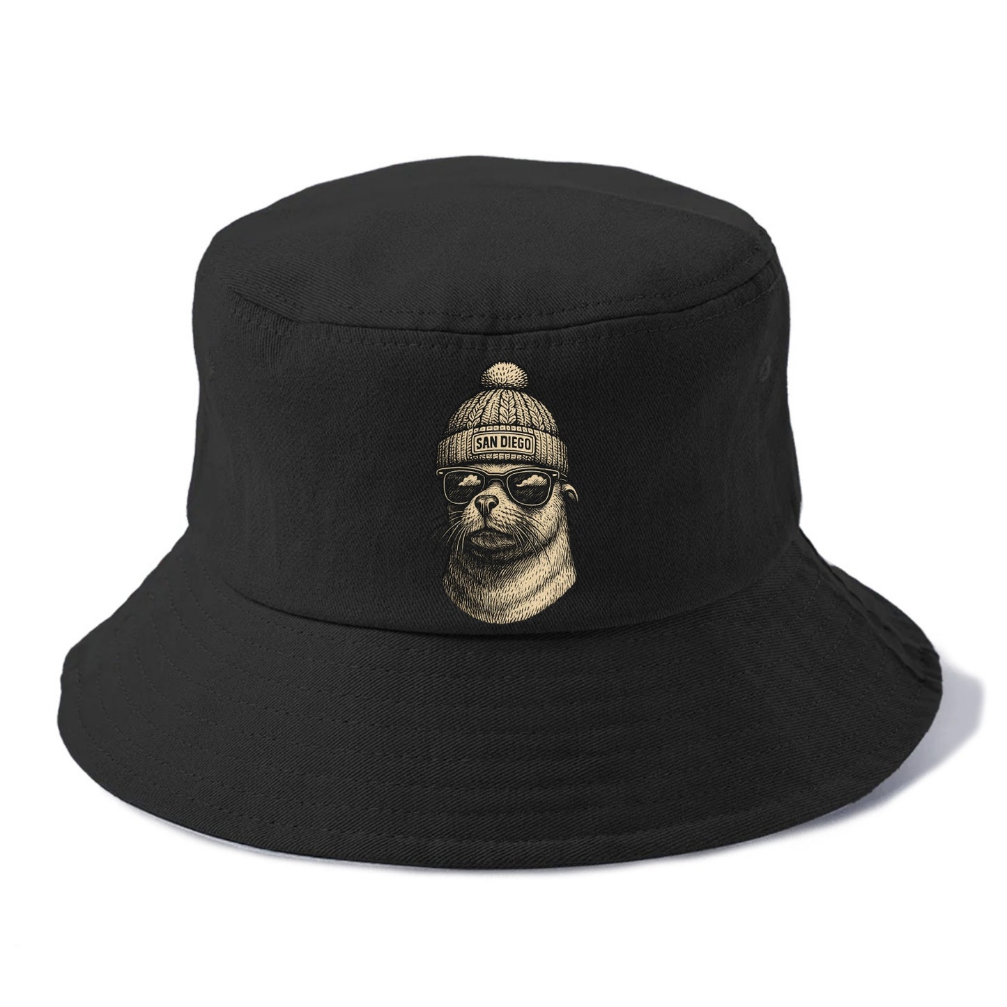 San Diego Sea Lion wearing San Diego beanie with pom pom and wayfarer sunglasses - Bucket Hat - Black