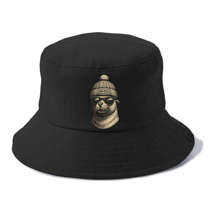 San Diego Sea Lion wearing San Diego beanie with pom pom and wayfarer sunglasses - Bucket Hat - Black