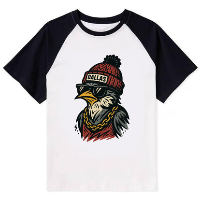 Dallas Mockingbird wearing Dallas beanie with pom pom and wayfarer - Contrast Raglan T-shirt - Black