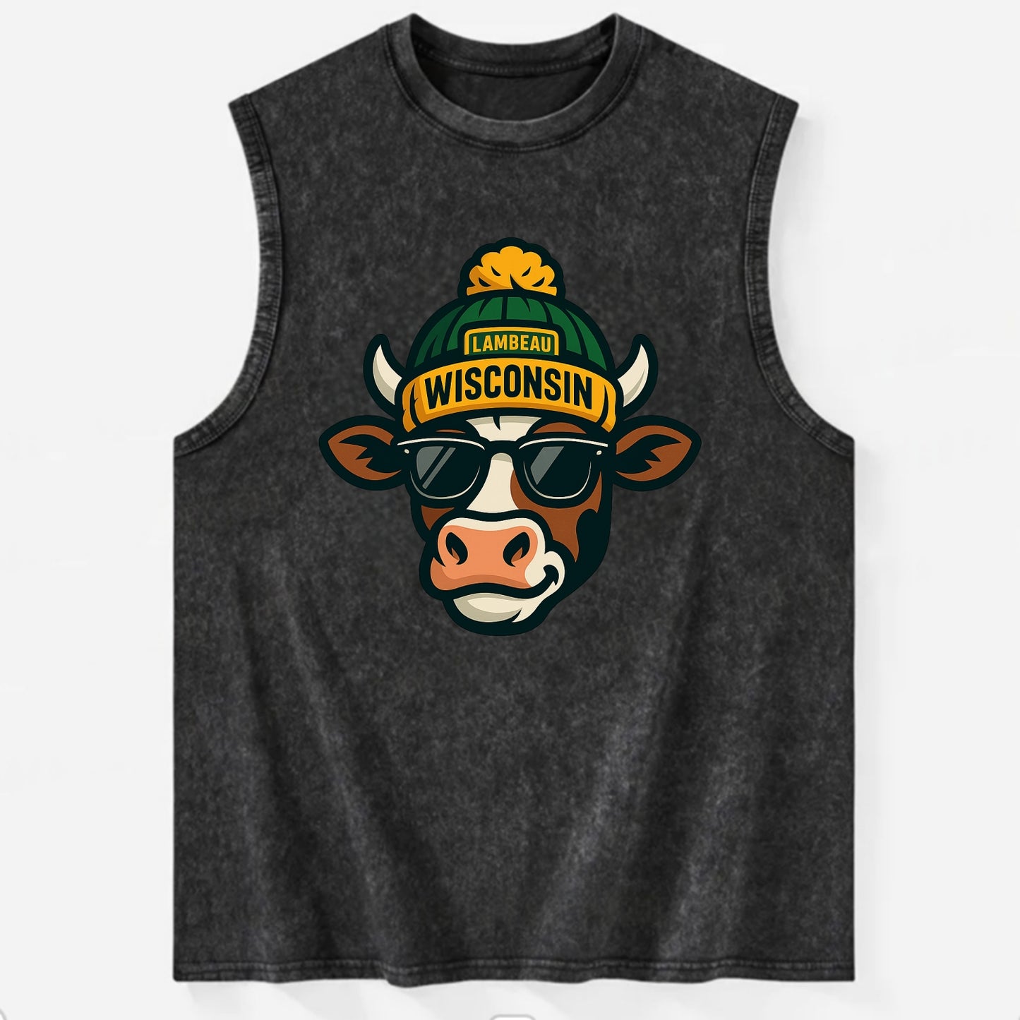 Wisconsin Cow wearing Packers beanie with Lambeau patch and wayfarer - Vintage Washed Tank - Black