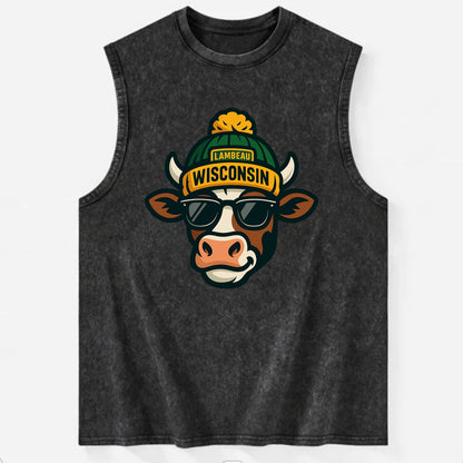 Wisconsin Cow wearing Packers beanie with Lambeau patch and wayfarer - Vintage Washed Tank - Black