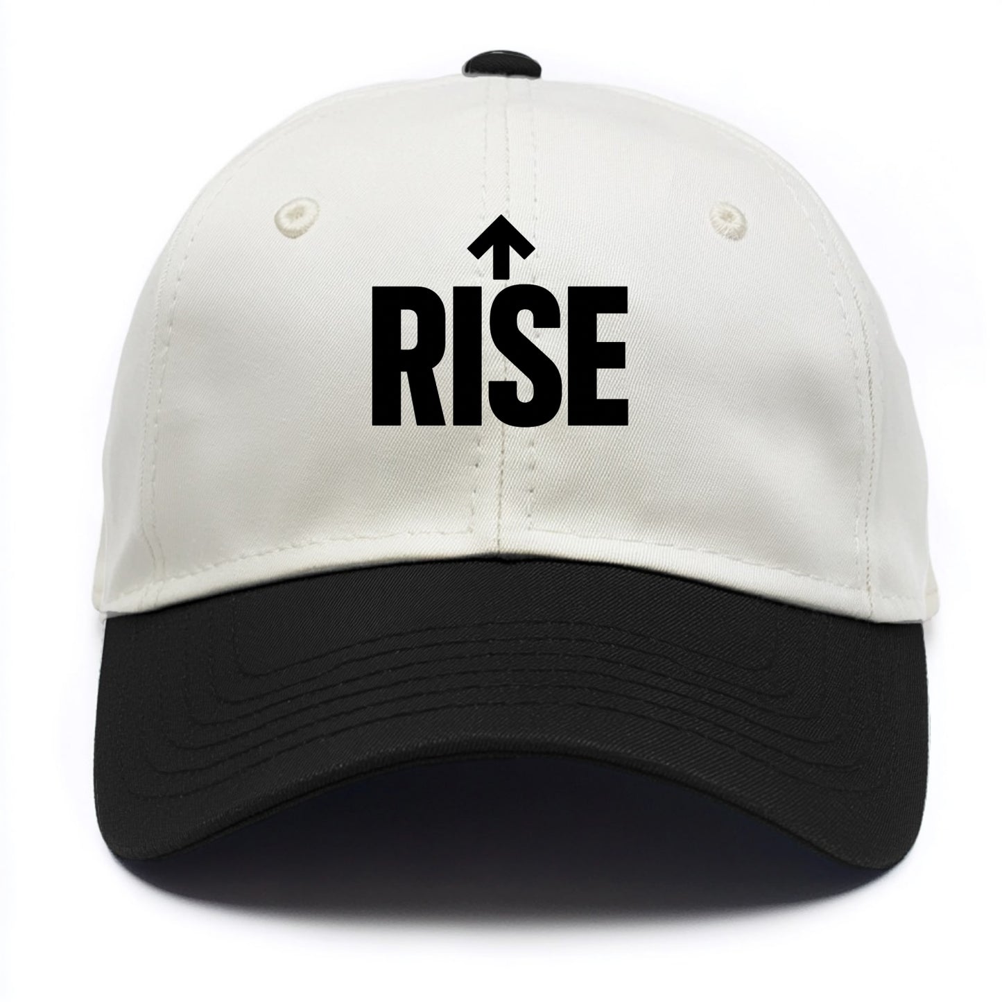 Bold typography design - "RISE" - getting up, ascending, elevating - Two Tone Cap - Black