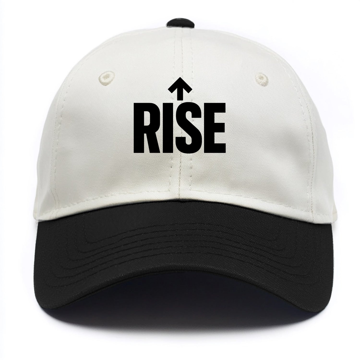 Bold typography design - "RISE" - getting up, ascending, elevating - Two Tone Cap - Black