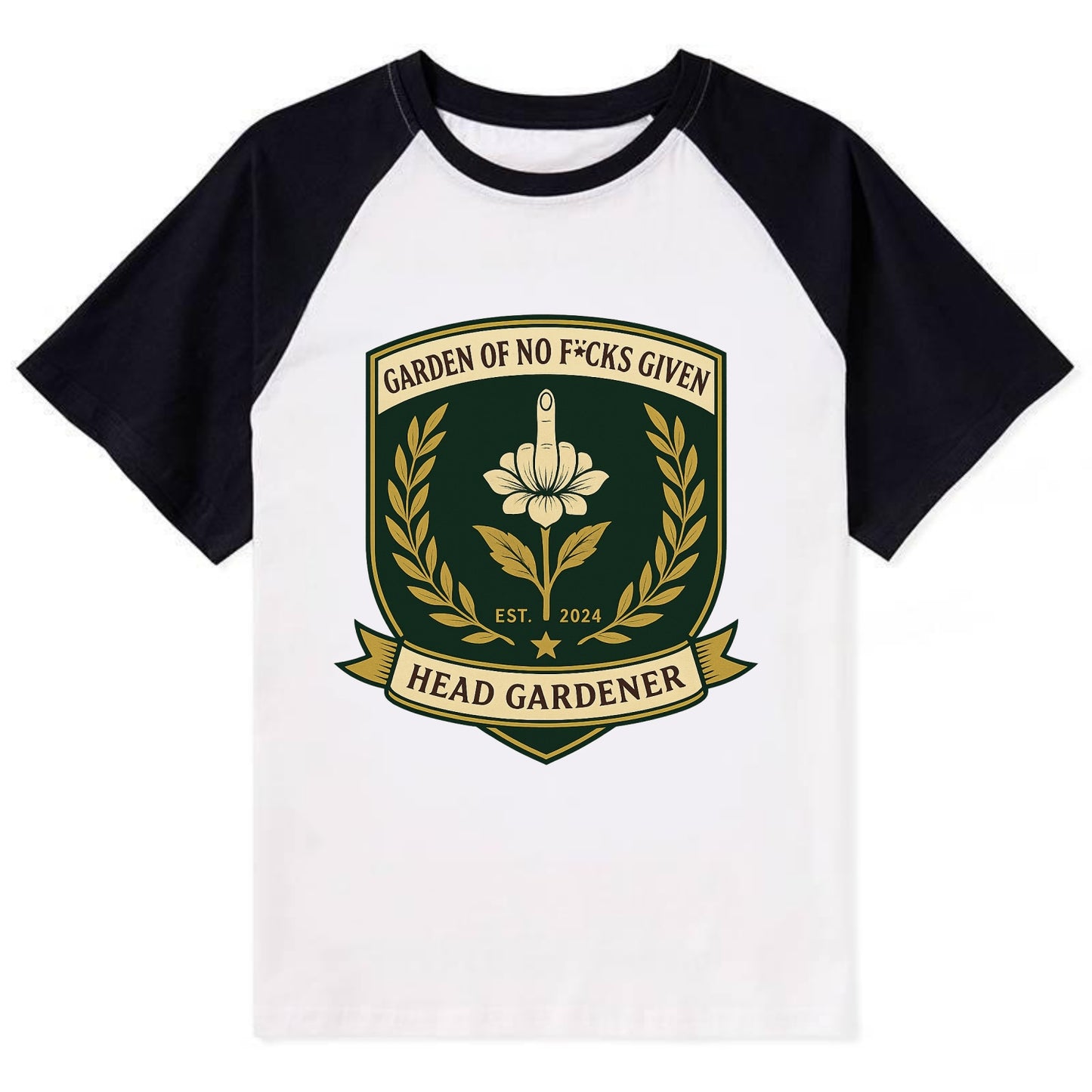 Shield with middle finger flower - "Garden of No F*cks Given - Head - Contrast Raglan T-shirt - Black