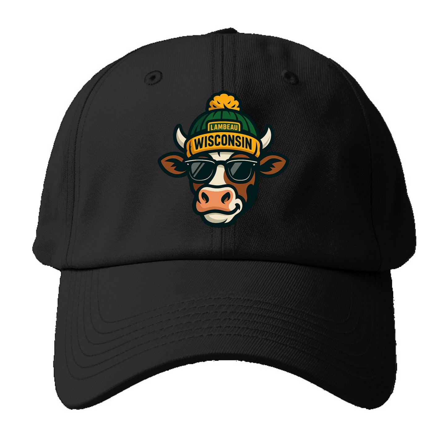 Wisconsin Cow wearing Packers beanie with Lambeau patch and wayfarer - Baseball Cap For Big Heads - Black