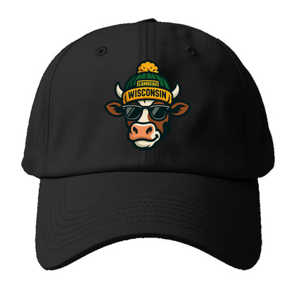 Wisconsin Cow wearing Packers beanie with Lambeau patch and wayfarer - Baseball Cap For Big Heads - Black
