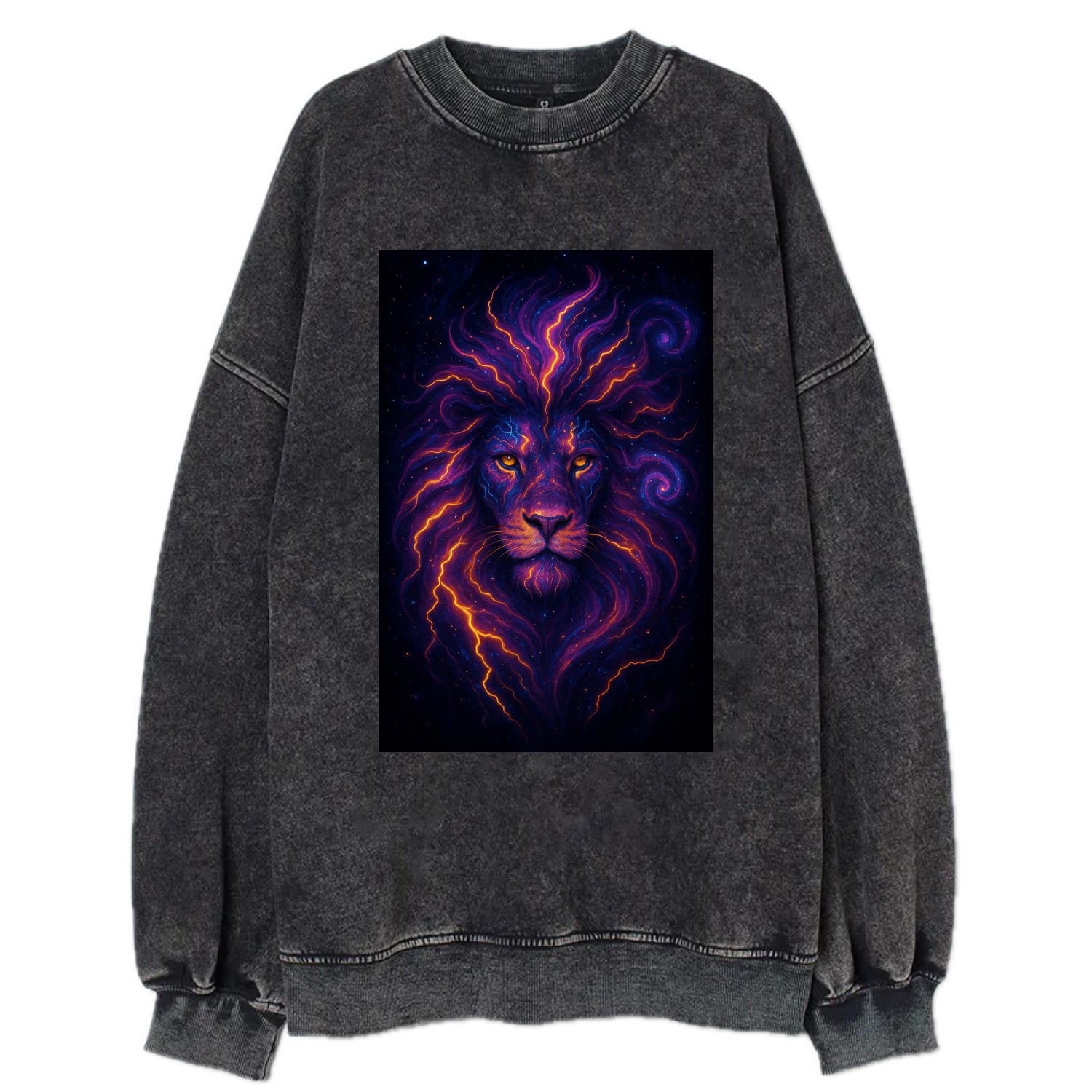 Regal lion with mane made of electric currents, neon yellow and hot pink - Vintage Sweatshirt - Black