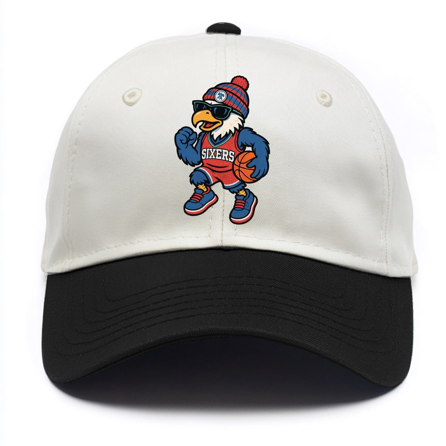 Philadelphia Eagle wearing 76ers red white and blue beanie with bell patch and - Two Tone Cap - Black