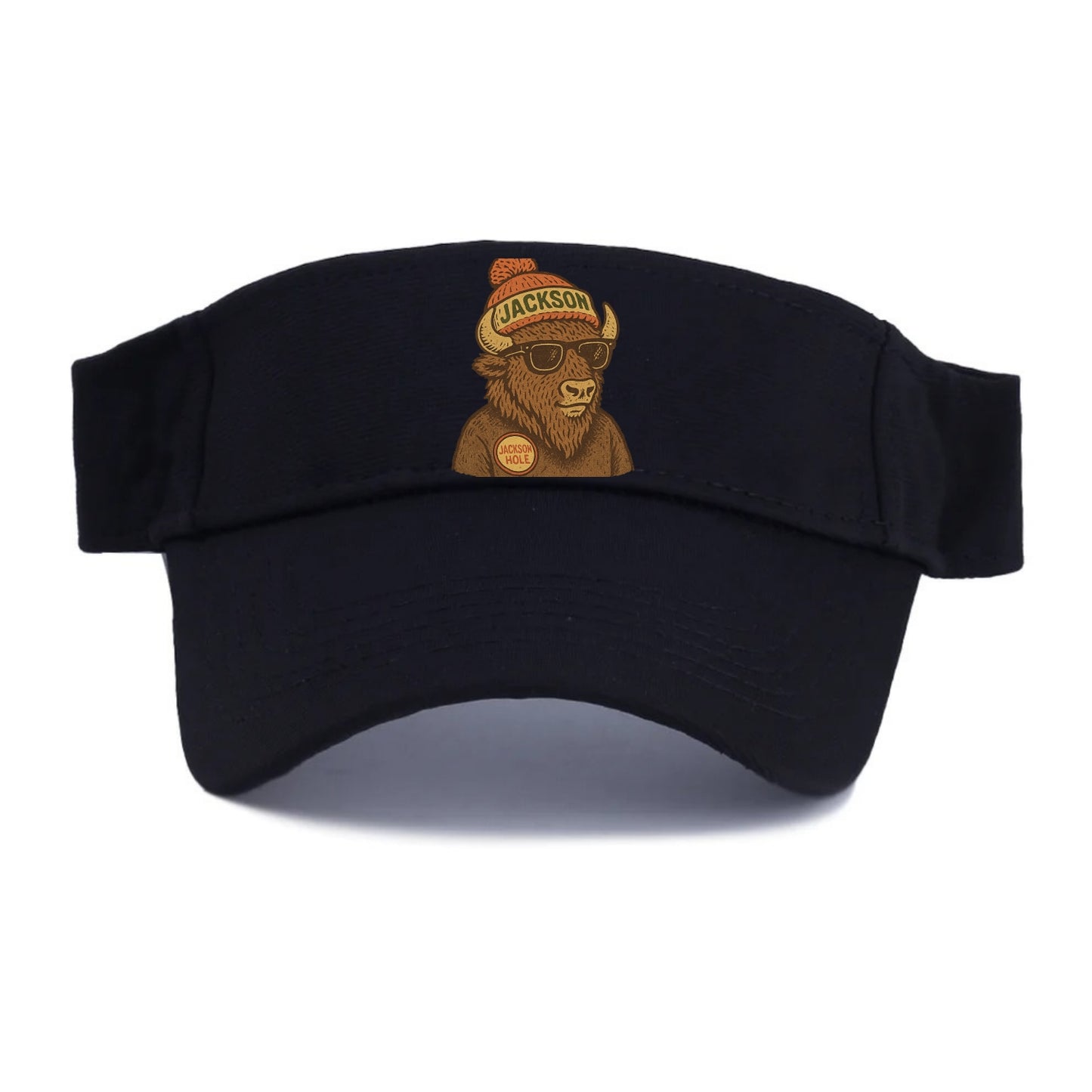 Jackson Hole Bison wearing Jackson beanie with pom pom and wayfarer sunglasses - Visor - Black