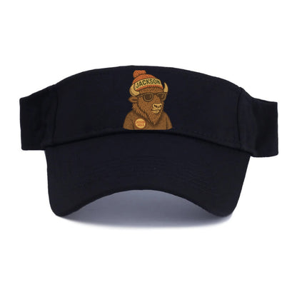 Jackson Hole Bison wearing Jackson beanie with pom pom and wayfarer sunglasses - Visor - Black