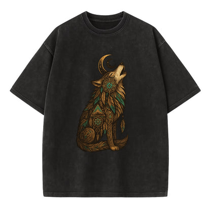 Celestial Moon Wolf  - Vintage T-shirt - Black