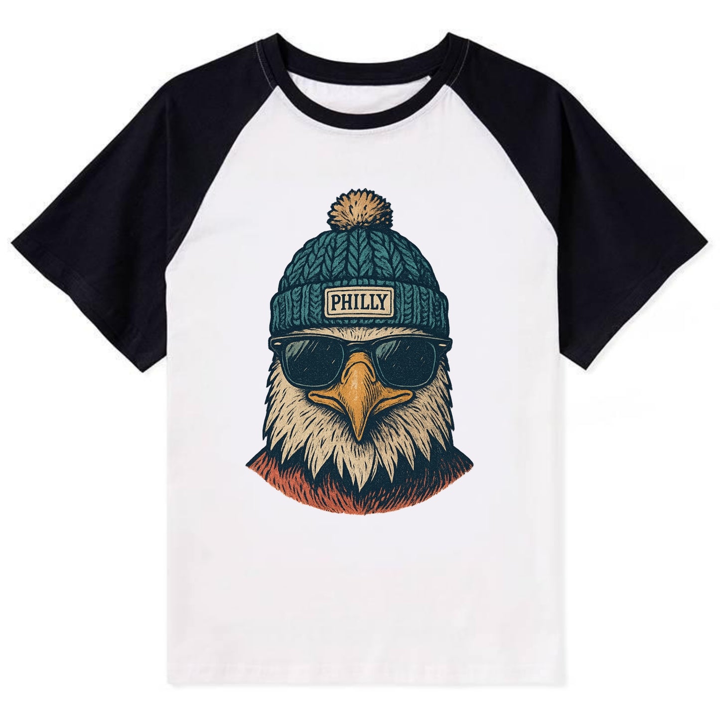 Philadelphia Eagle wearing Philly beanie with pom pom and wayfarer - Contrast Raglan T-shirt - Black