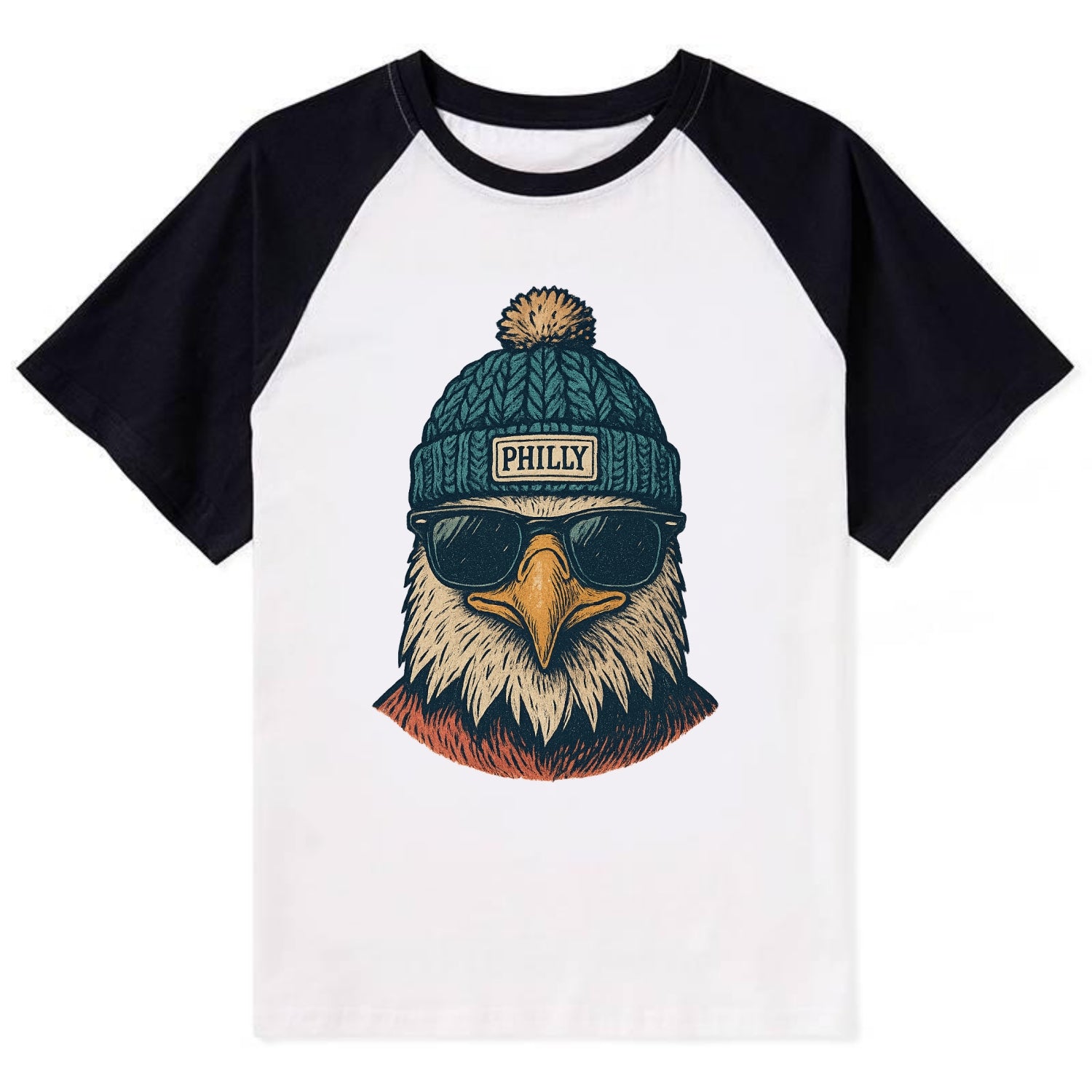 Philadelphia Eagle wearing Philly beanie with pom pom and wayfarer - Contrast Raglan T-shirt - Black