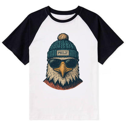Philadelphia Eagle wearing Philly beanie with pom pom and wayfarer - Contrast Raglan T-shirt - Black