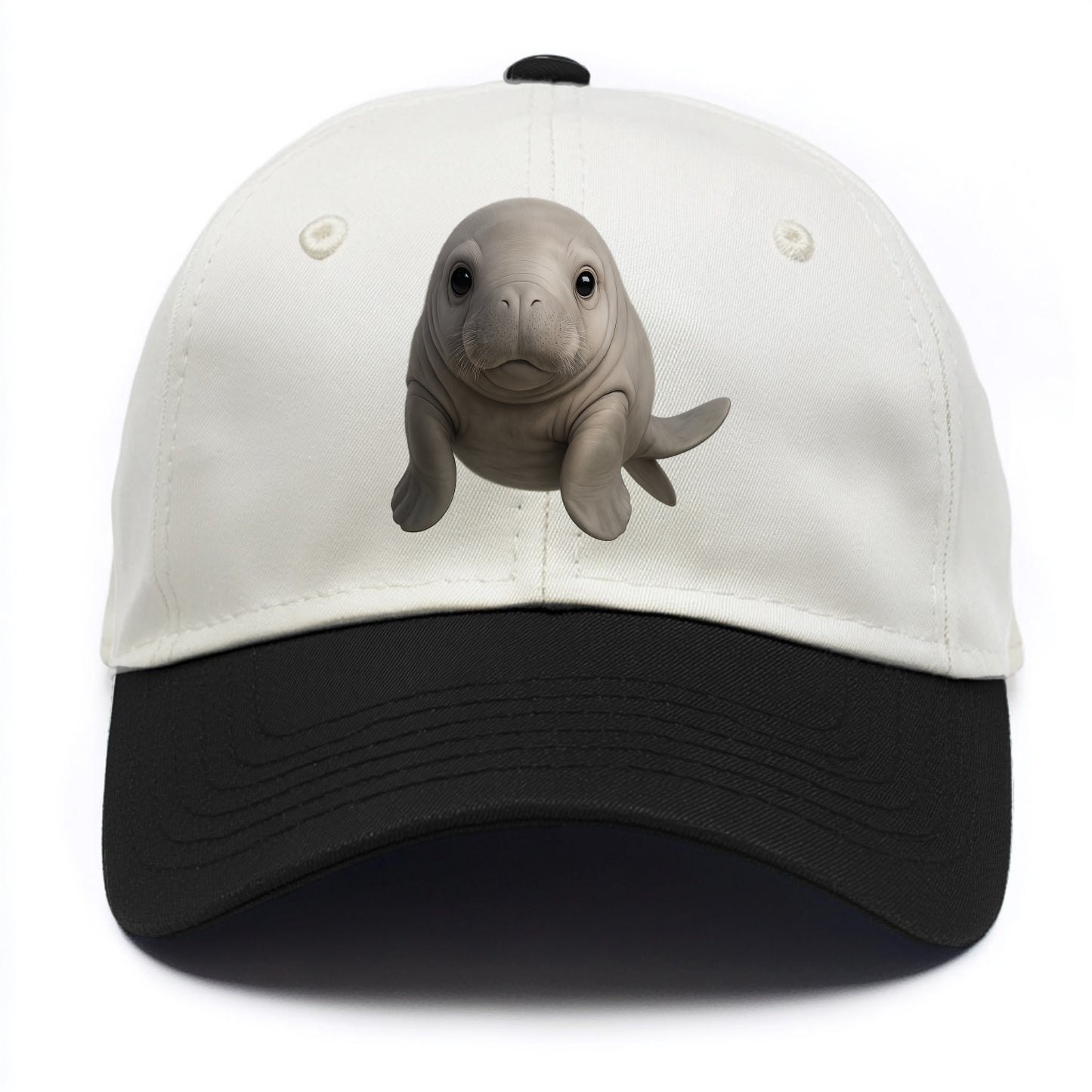 Baby Dugong - gray with paddle tail, gentle expression, whiskers, front-facing, sweet - Two Tone Cap - Black
