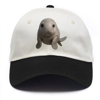 Baby Dugong - gray with paddle tail, gentle expression, whiskers, front-facing, sweet - Two Tone Cap - Black
