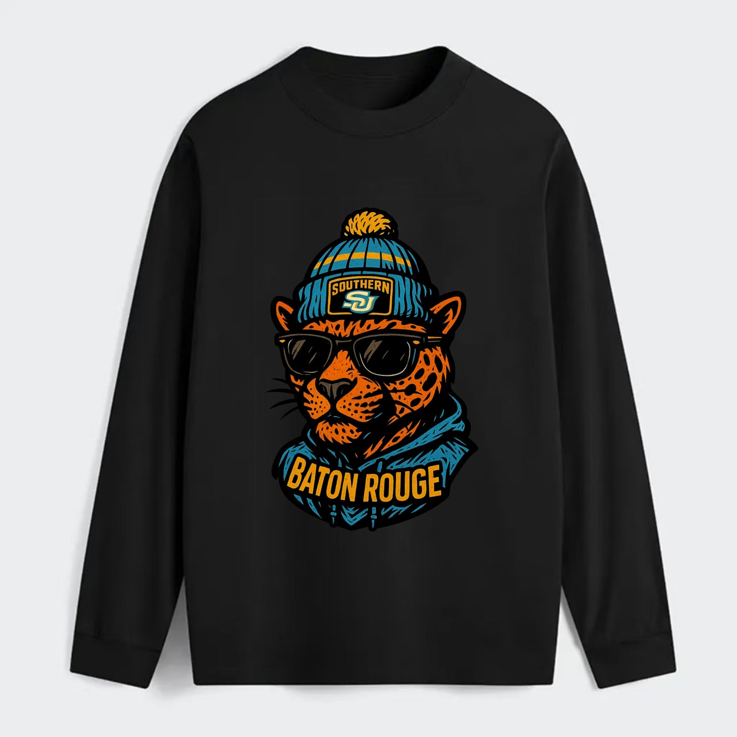 Baton Rouge Jaguar wearing Southern beanie with SU patch - Classic Long Sleeve Shirt - Black