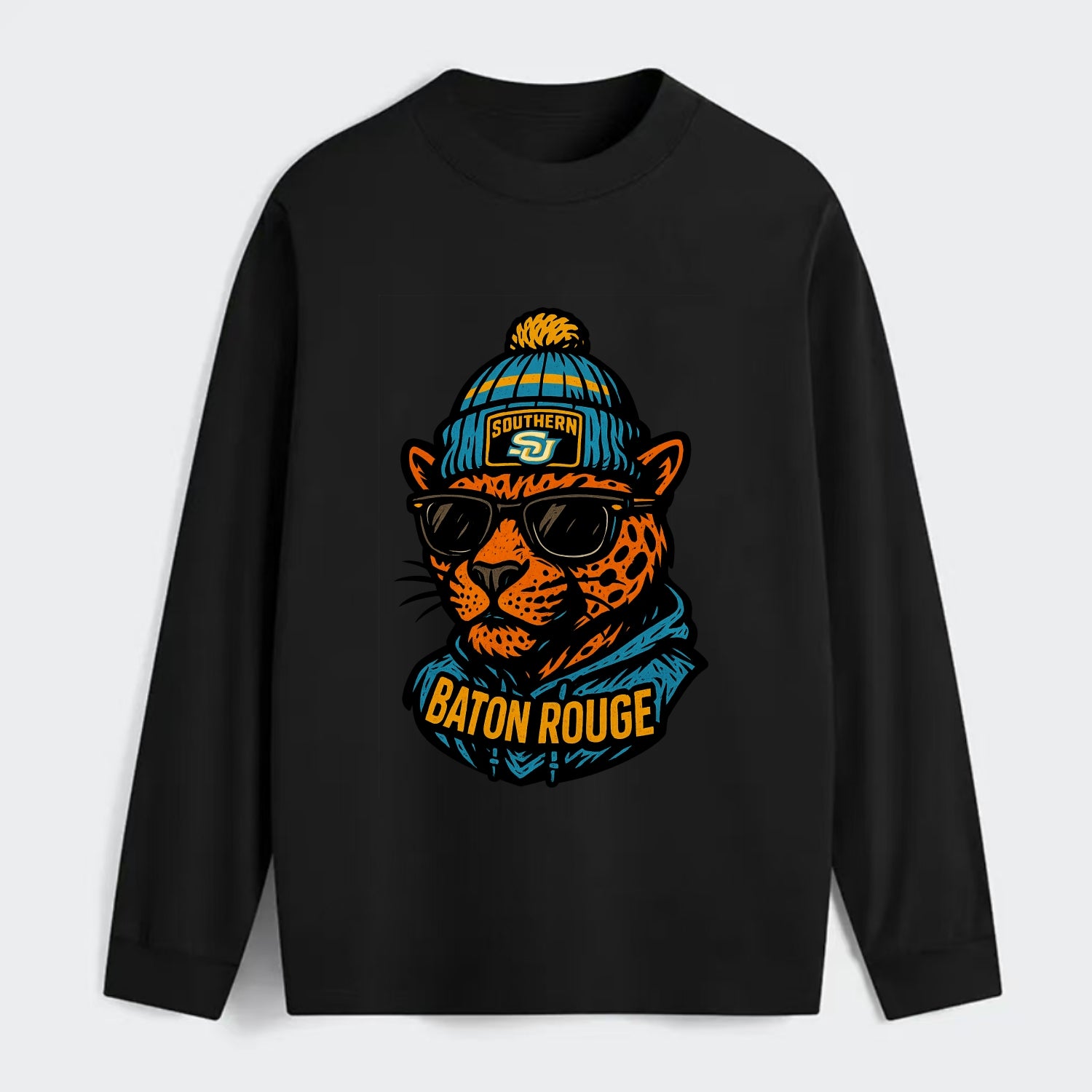 Baton Rouge Jaguar wearing Southern beanie with SU patch - Classic Long Sleeve Shirt - Black