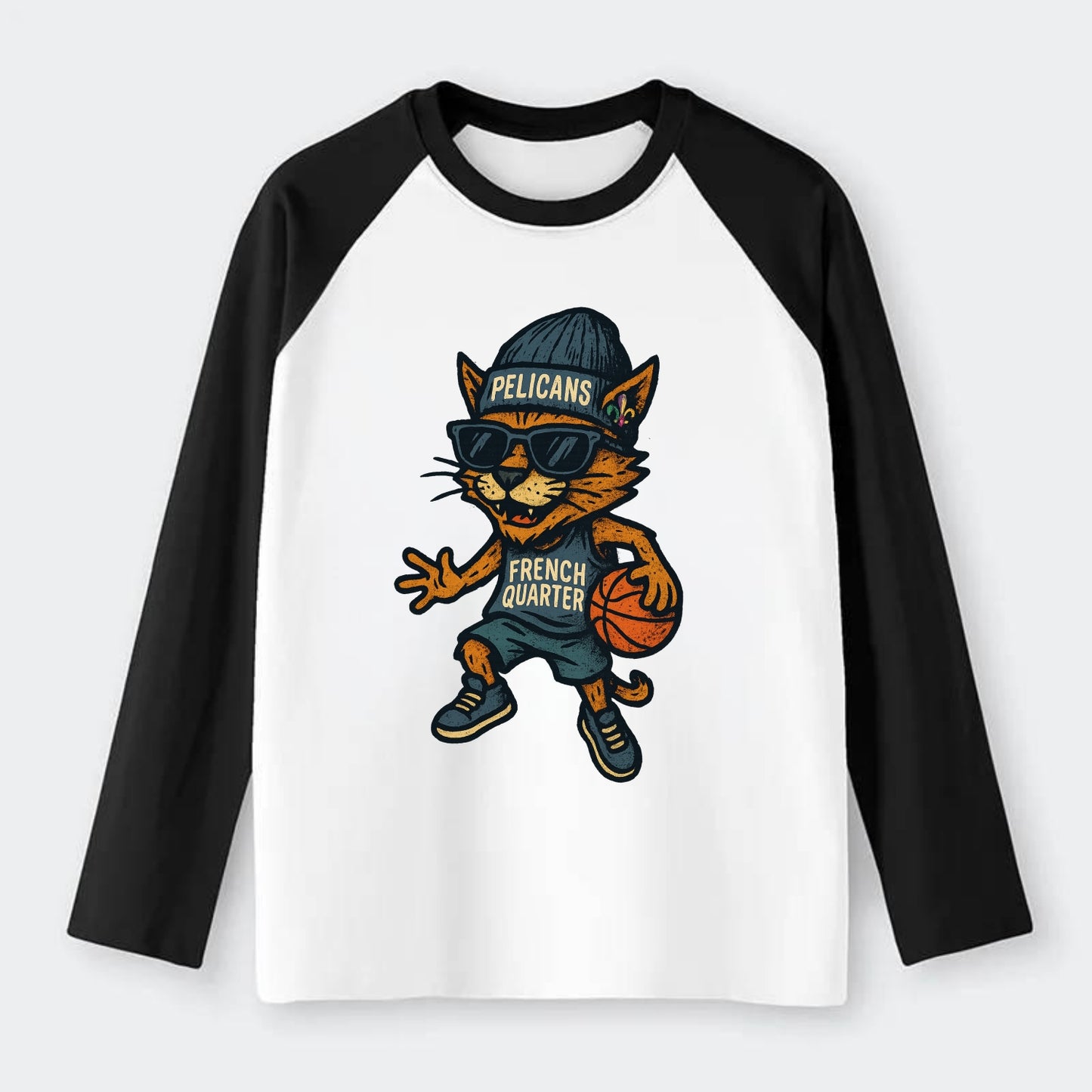 French Quarter Cat wearing Pelicans beanie with Mardi Gras patch and - Raglan Long Sleeve T-Shirt - Black