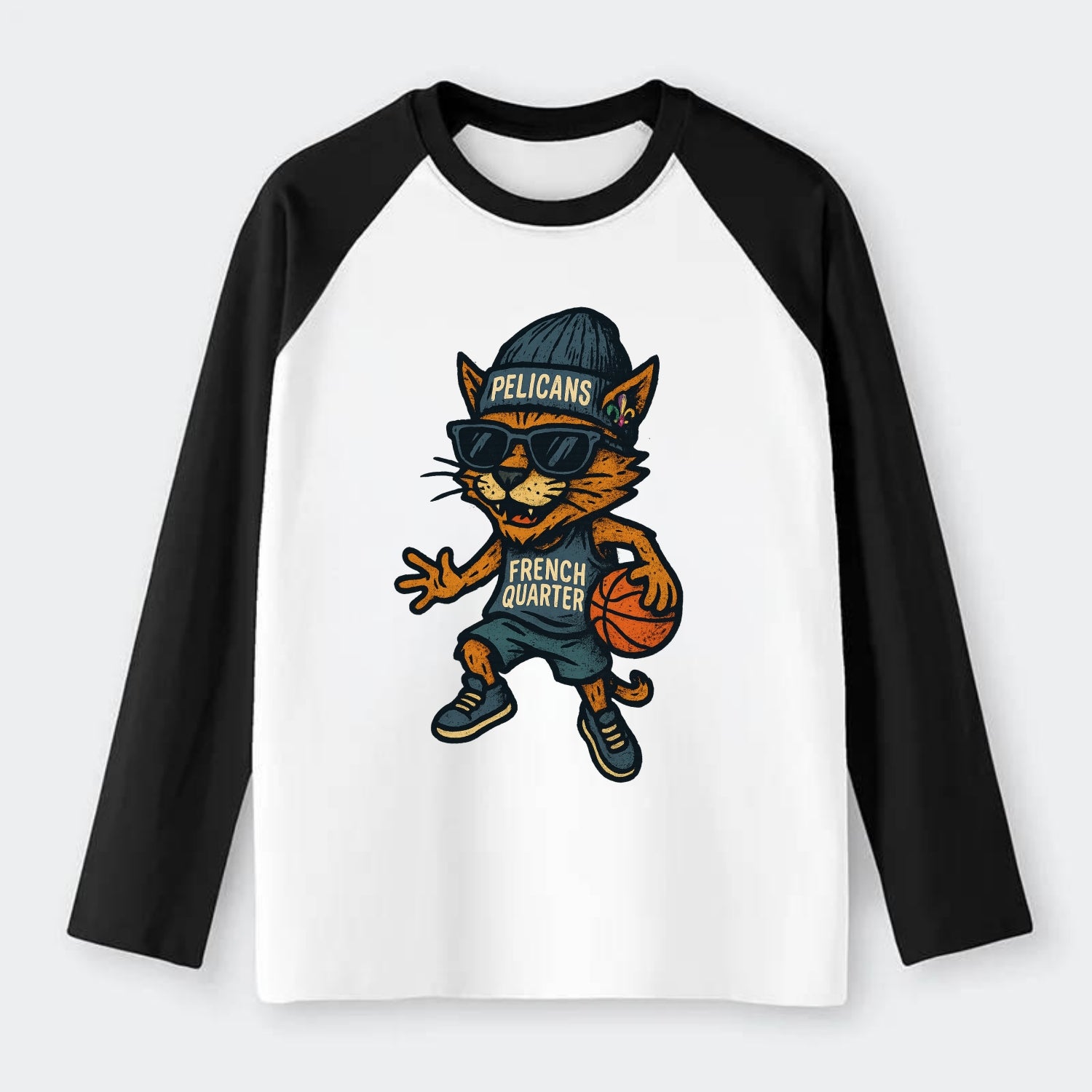 French Quarter Cat wearing Pelicans beanie with Mardi Gras patch and - Raglan Long Sleeve T-Shirt - Black